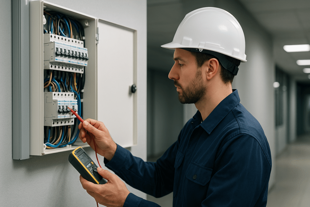 Technician conducting proactive electrical maintenance in Surrey office proactive electrical maintenance